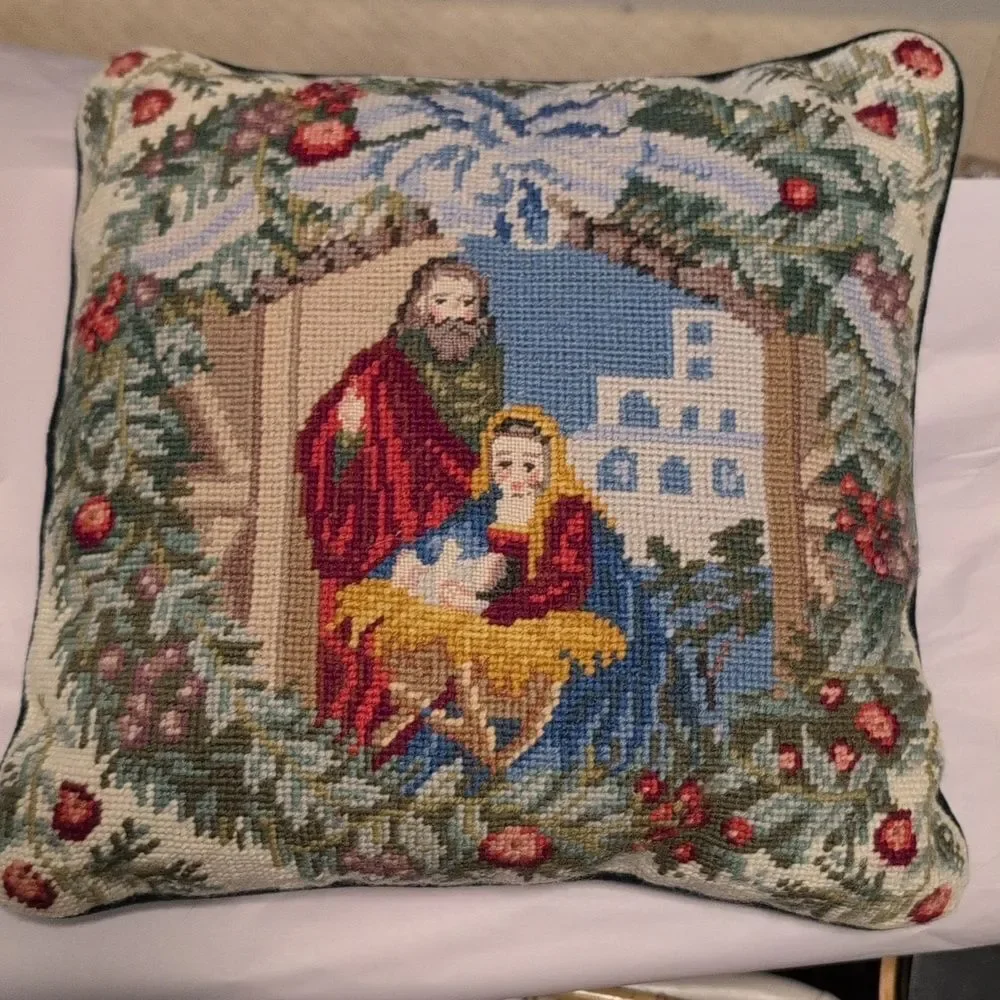Holiday Nativity Scene Needlepoint Pillow Green Velvet Backing